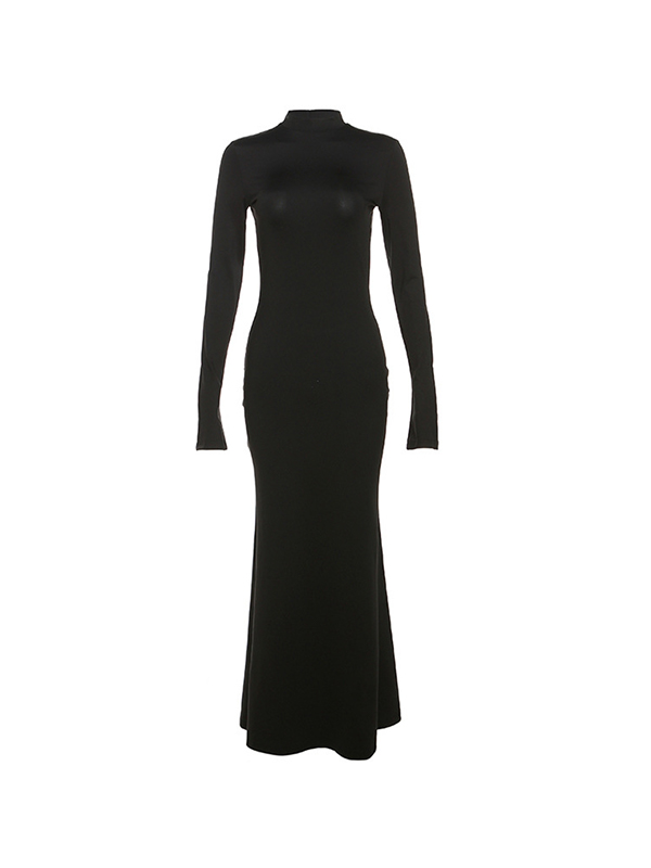 Solid Crew Neck Backless Long Sleeve Maxi Dress-3