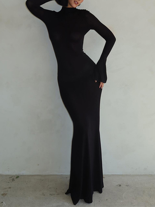 Solid Crew Neck Backless Long Sleeve Maxi Dress-1