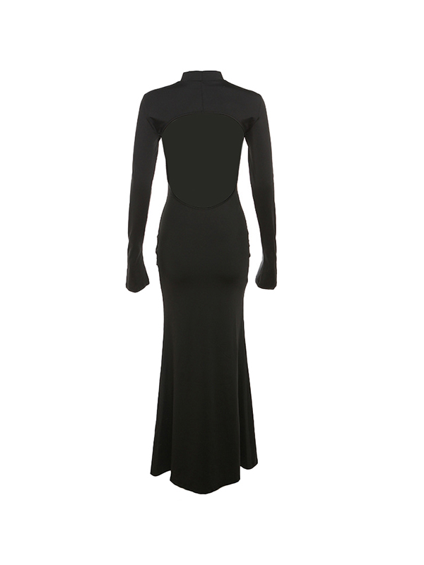 Solid Crew Neck Backless Long Sleeve Maxi Dress-4