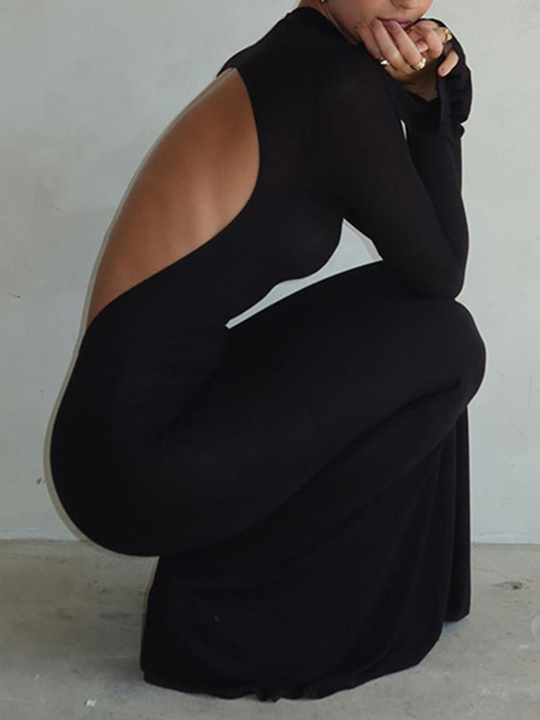 Solid Crew Neck Backless Long Sleeve Maxi Dress-2