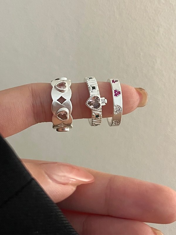 Rhinestone Heart Charm Cuff Ring-4