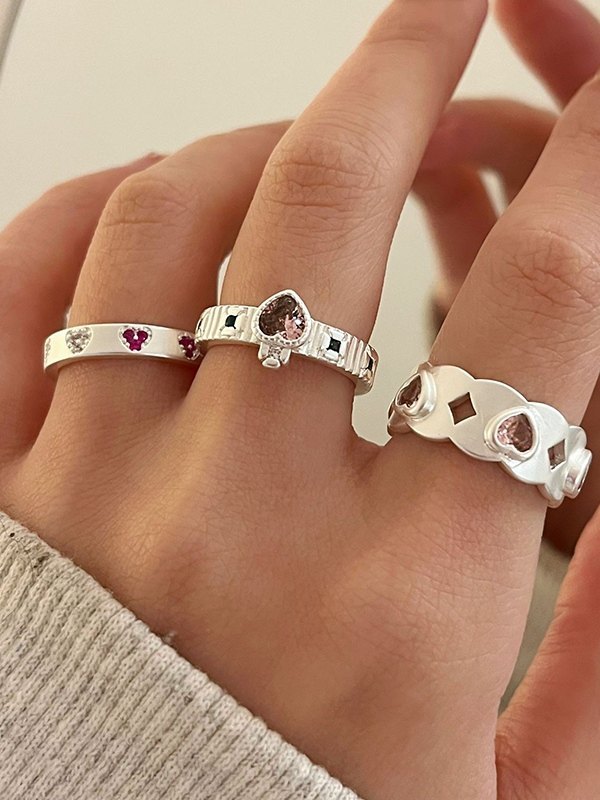 Rhinestone Heart Charm Cuff Ring-1
