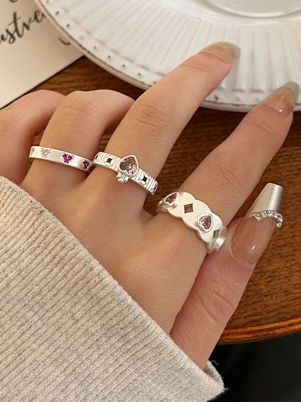 Rhinestone Heart Charm Cuff Ring-3