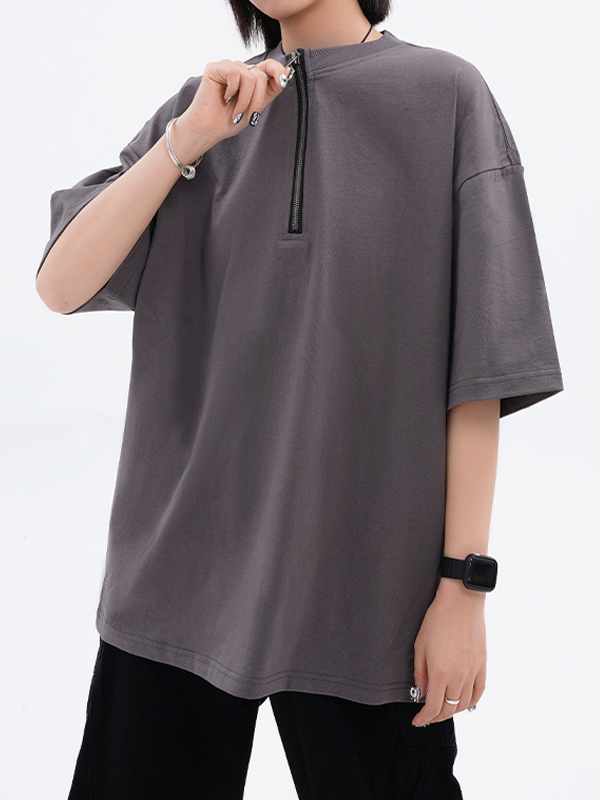 Solid Color Zipper Short Sleeve Tee-1