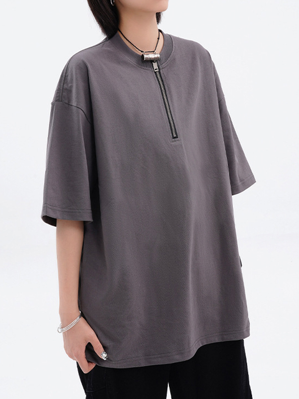 Solid Color Zipper Short Sleeve Tee-2