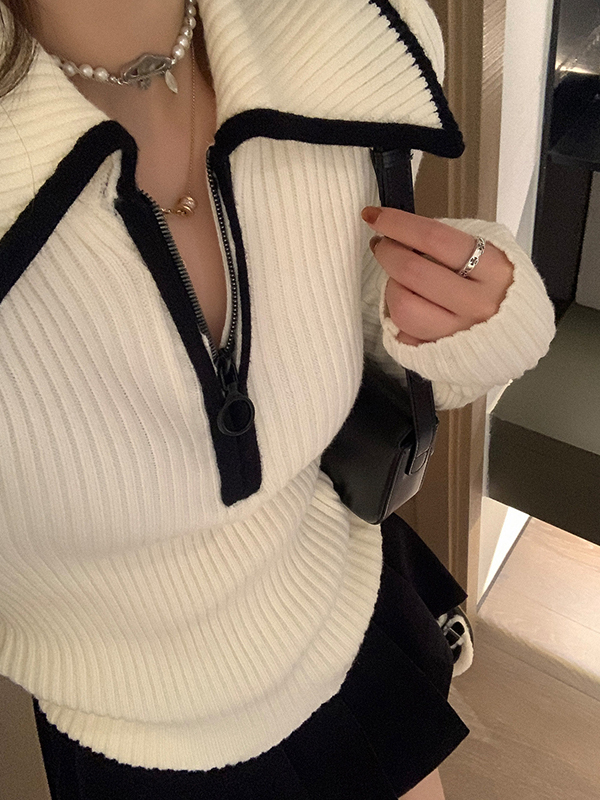 Lapel Neck Half Zip Sweater-4