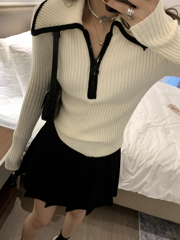 Lapel Neck Half Zip Sweater-3