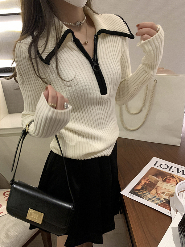 Lapel Neck Half Zip Sweater-1