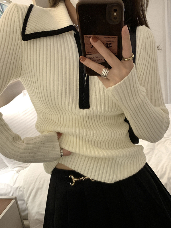 Lapel Neck Half Zip Sweater-2