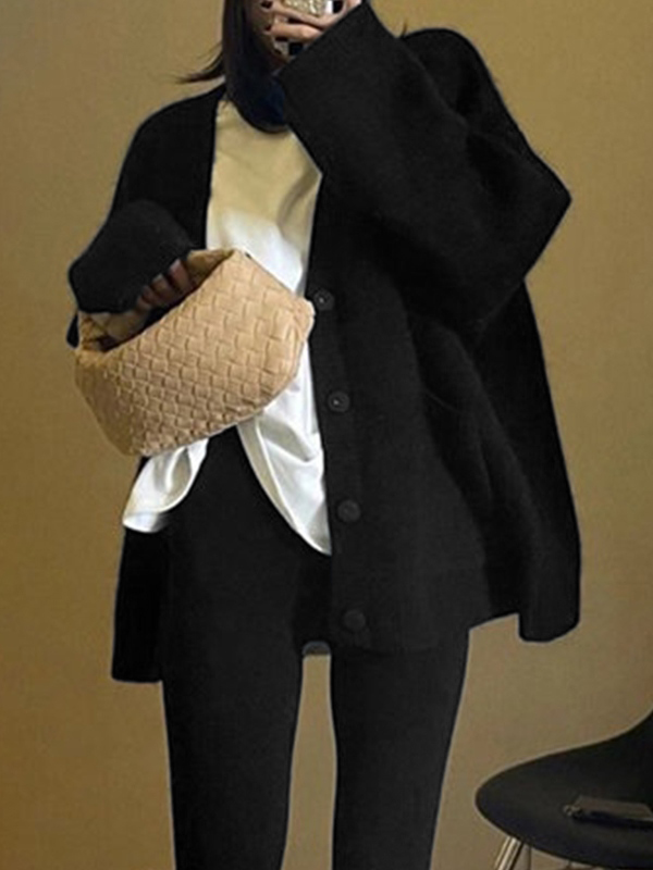 Solid V Neck Loose Knit Cardigan-3