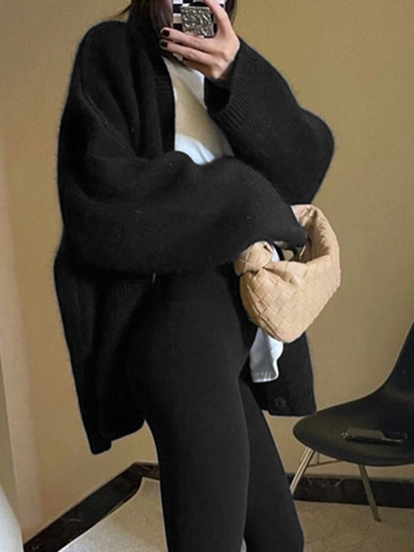 Solid V Neck Loose Knit Cardigan-2