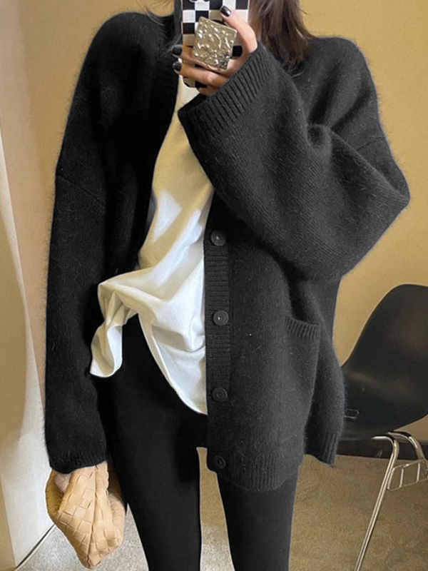 Solid V Neck Loose Knit Cardigan-1